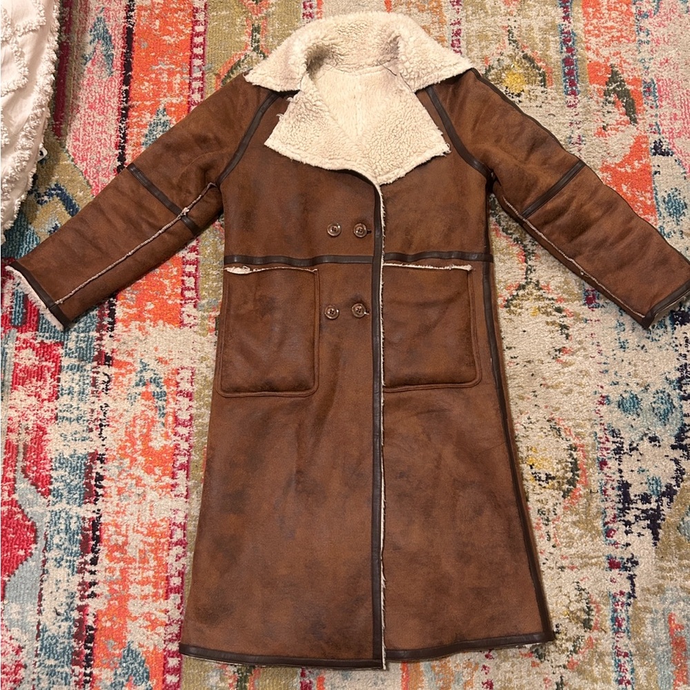 Boohoo Longline Brown Suede Shearling Aviator Coat. Size S ( runs large) - Picture 3 of 16